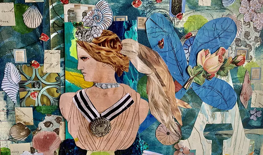 collage and assemblage featuring a profile of a woman